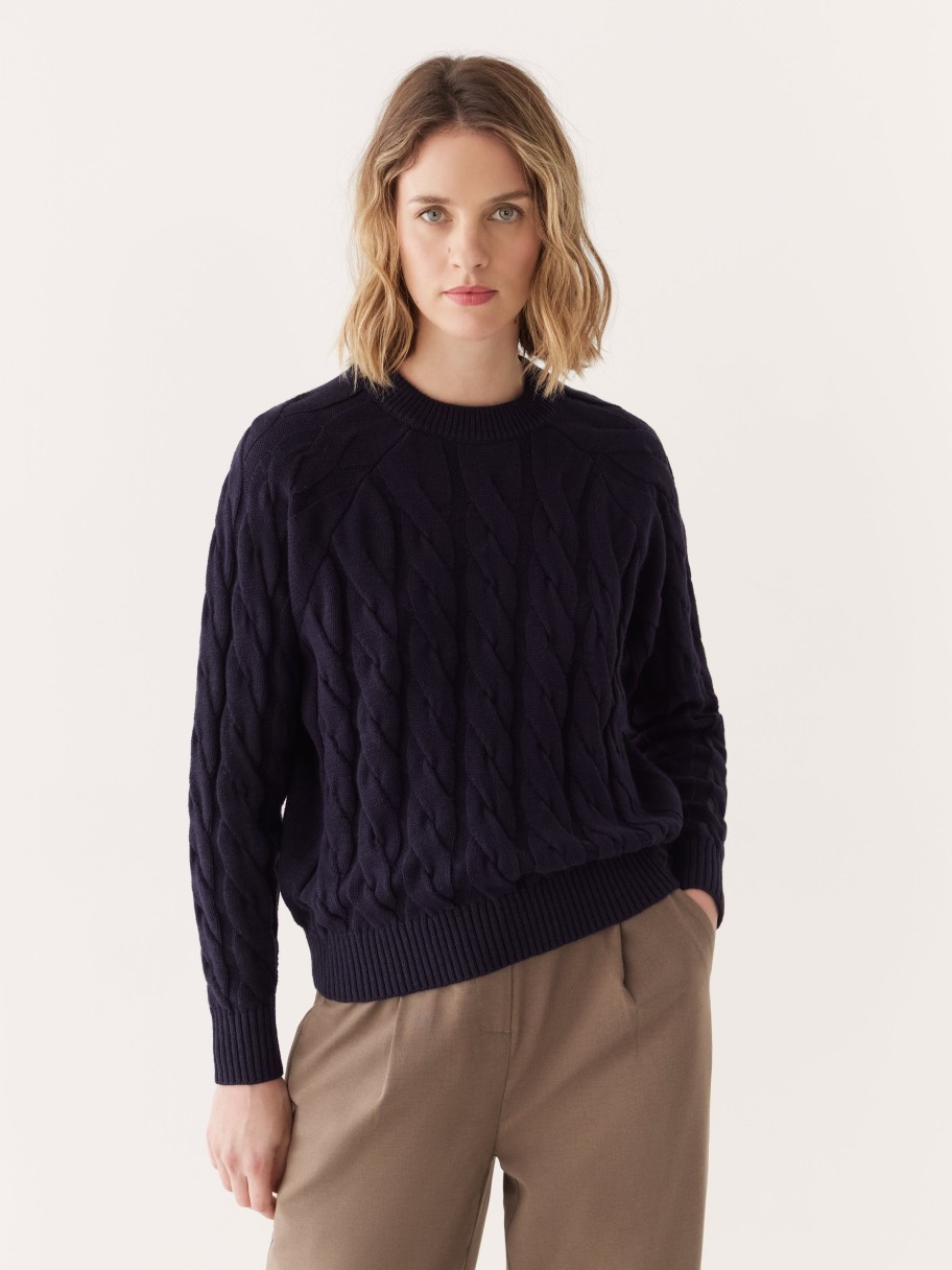 Women Frank And Oak Sweaters & Cardigans | The Cable Knit Sweater In Dark Blue