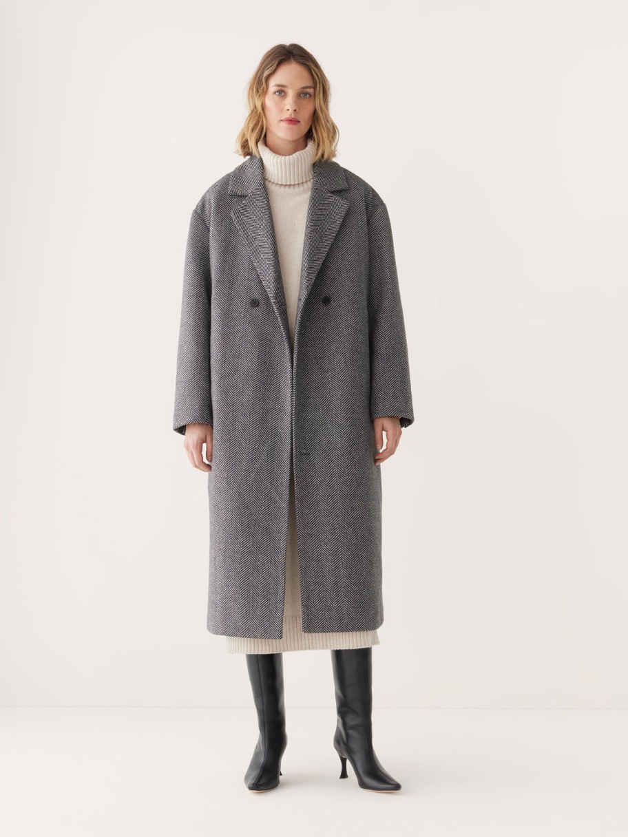 Women Frank And Oak Jackets & Coats | The Herringbone Recycled Wool Coat In Black