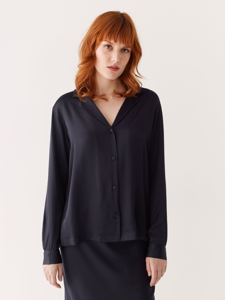 Women Frank And Oak Blouses & Shirts | The Satin Camp Collar Blouse In Dark Blue