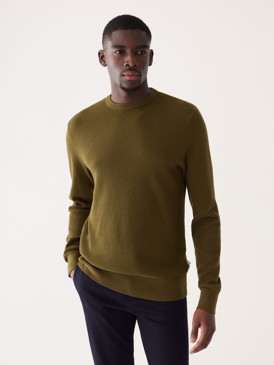 Men Frank And Oak Sweaters & Cardigans | The Waffle Crewneck Sweater In Dark Olive