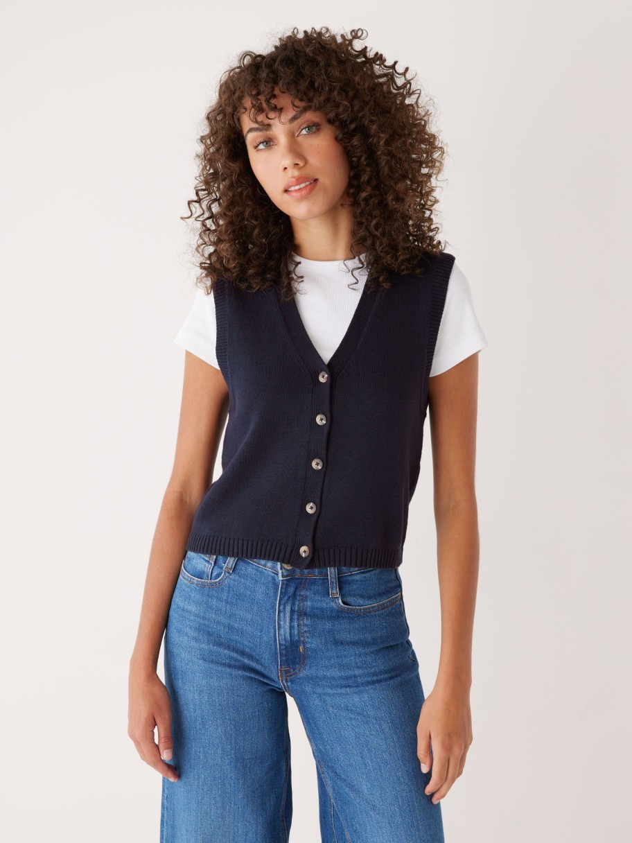 Women Frank And Oak Sweaters & Cardigans | The Button-Up Sweater Vest In Dark Blue