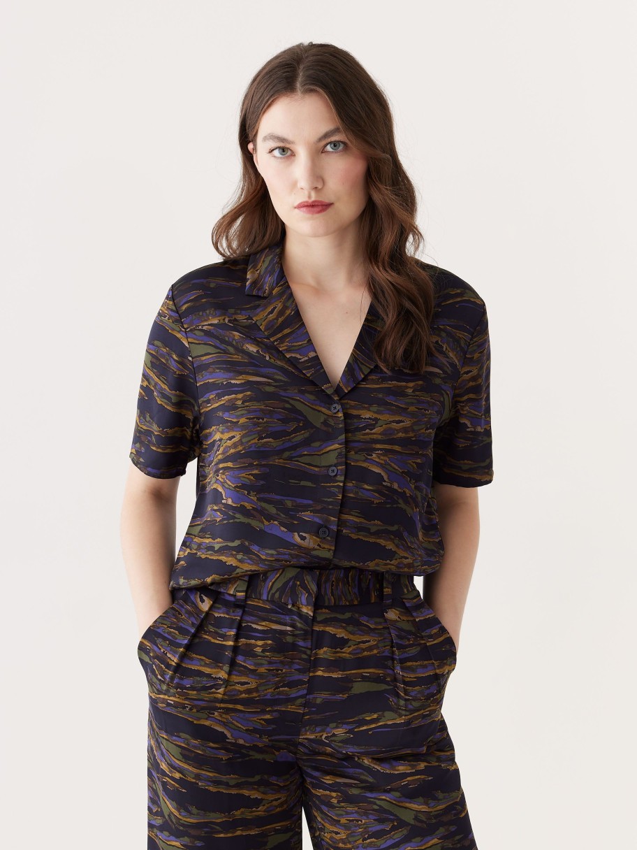 Women Frank And Oak Blouses & Shirts | The Printed Camp Collar Blouse In Dark Blue