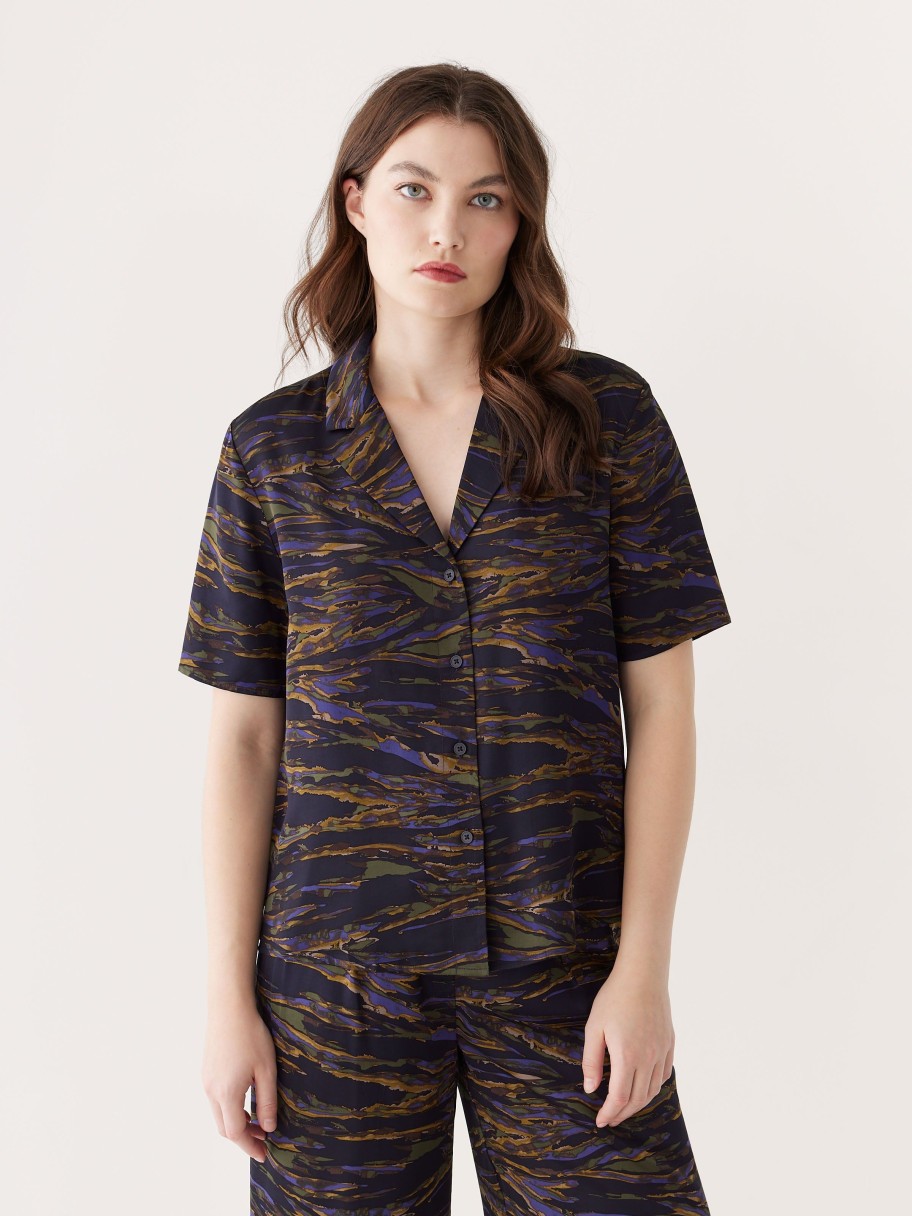 Women Frank And Oak Blouses & Shirts | The Printed Camp Collar Blouse In Dark Blue