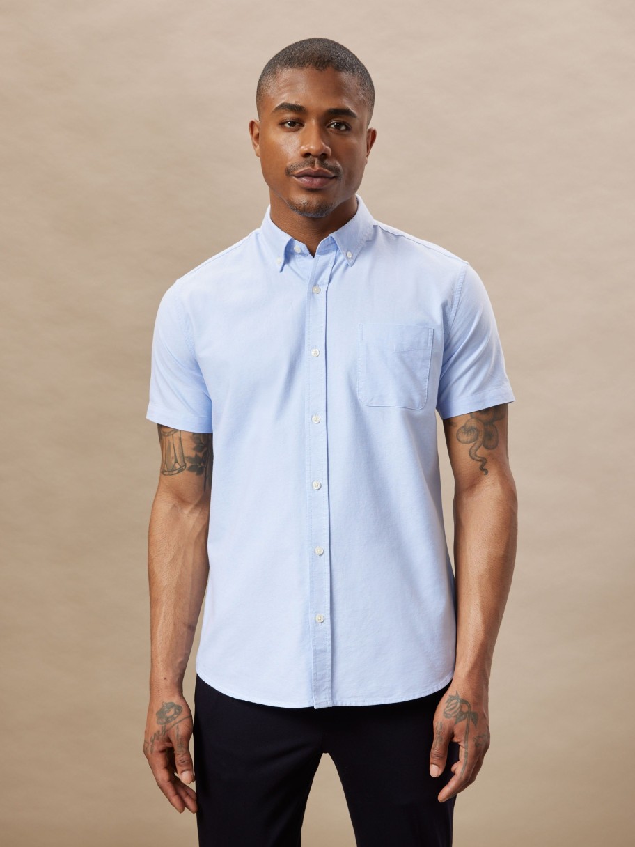 Men Frank And Oak Shirts & Polo Shirts | The Short-Sleeved Jasper Oxford Shirt In Light Blue