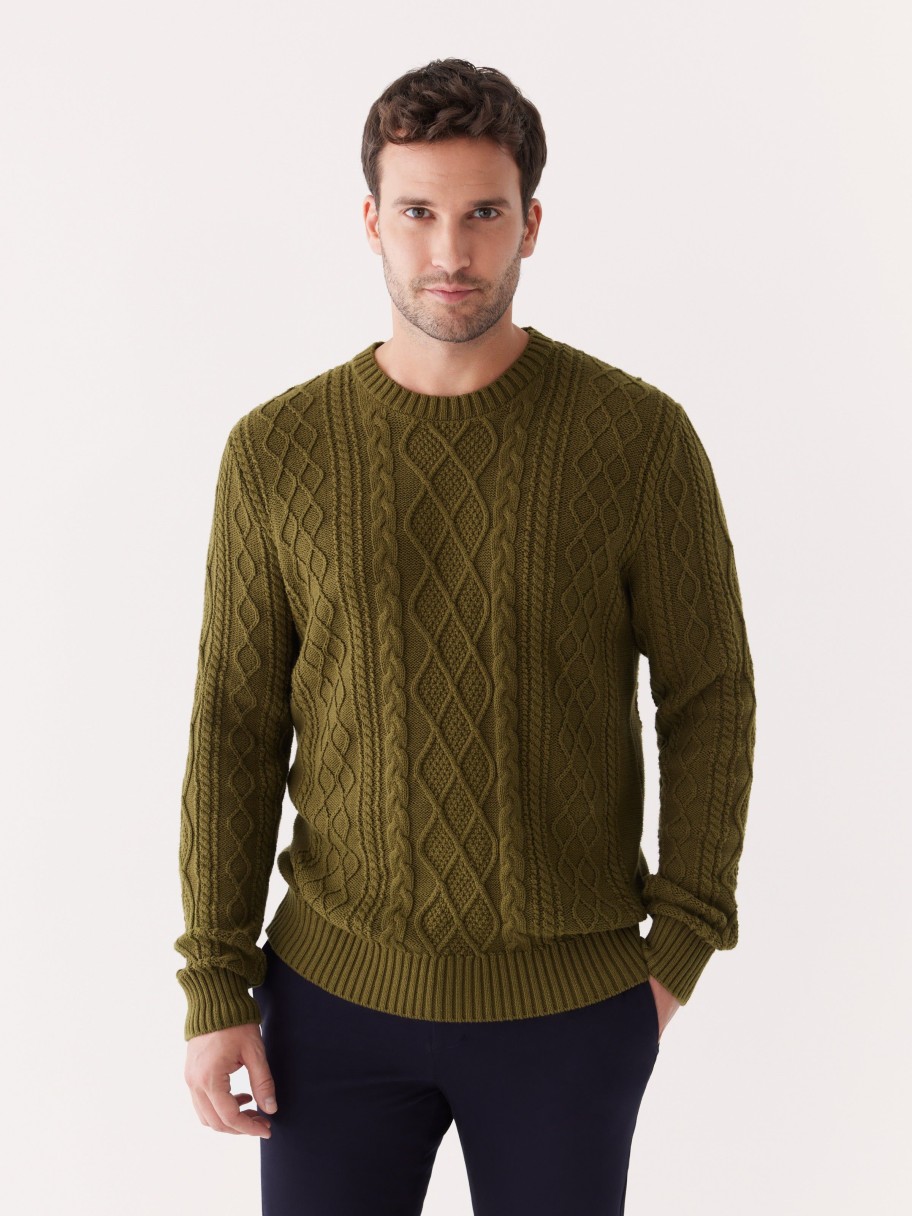 Men Frank And Oak Sweaters & Cardigans | The Organic Cotton Cable Sweater In Dark Olive