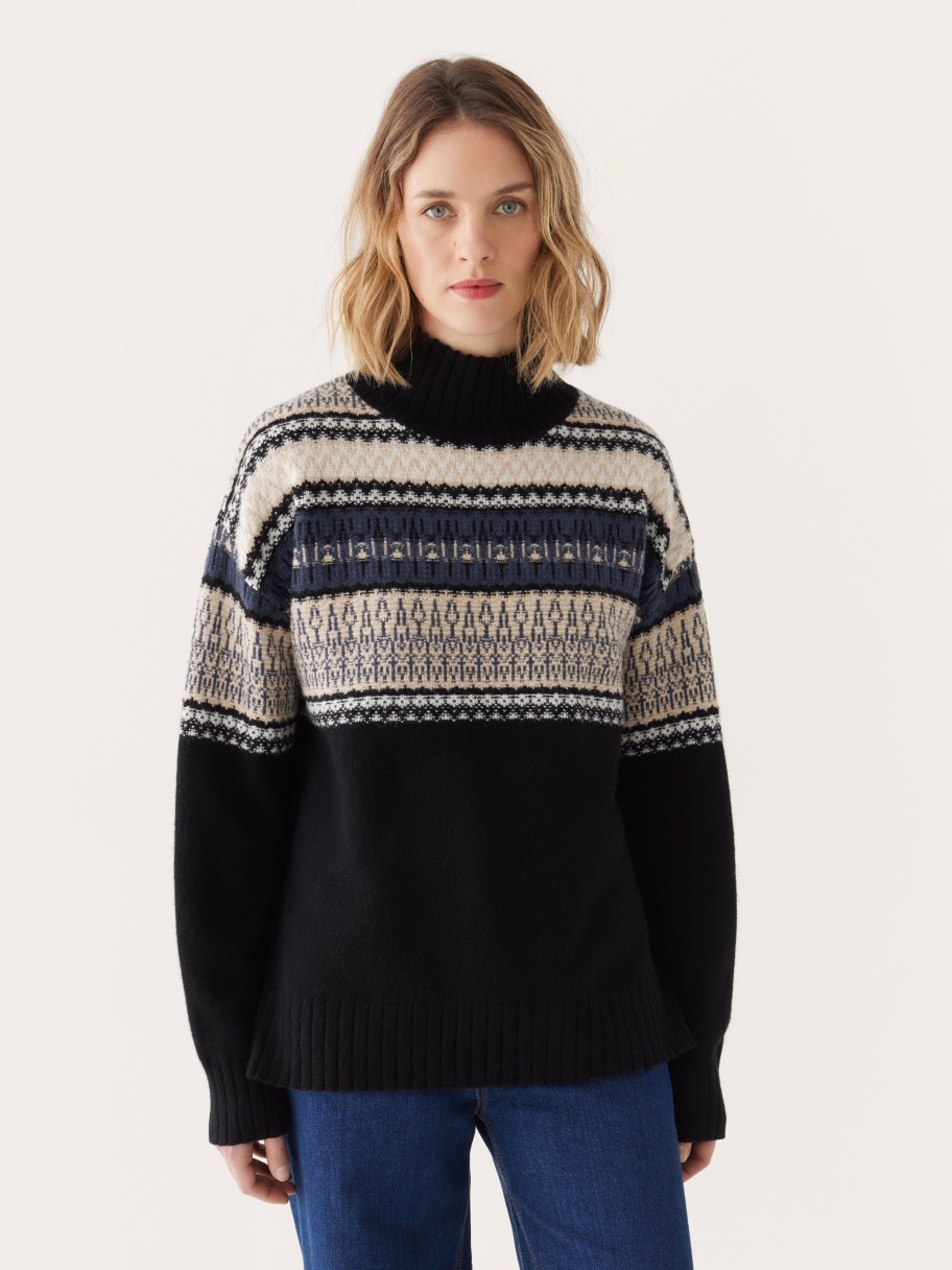 Women Frank And Oak Sweaters & Cardigans | The Lambswool Fair Isle Mockneck In Black