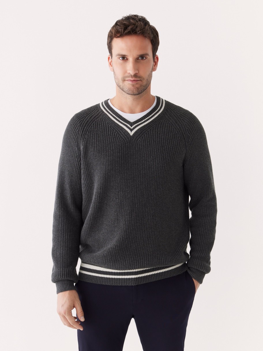 Men Frank And Oak Sweaters & Cardigans | The Ribbed V Neck Sweater In Shadow Black