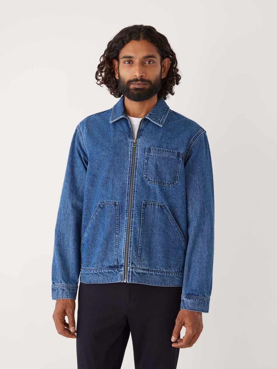 Men Frank And Oak Blazers & Overshirts | The Denim Zip Up Jacket In Vintage Blue