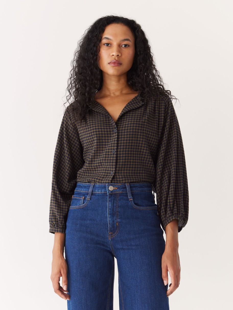 Women Frank And Oak Blouses & Shirts | The Plaid Button Up Long Sleeve Blouse In Dark Blue