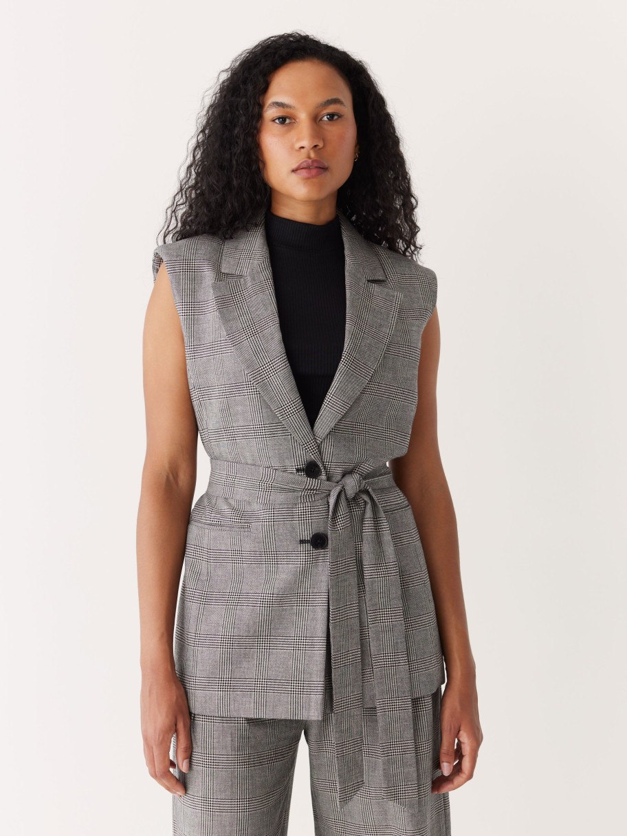 Women Frank And Oak Blazers & Overshirts | The Glen Plaid Long Vest In Black