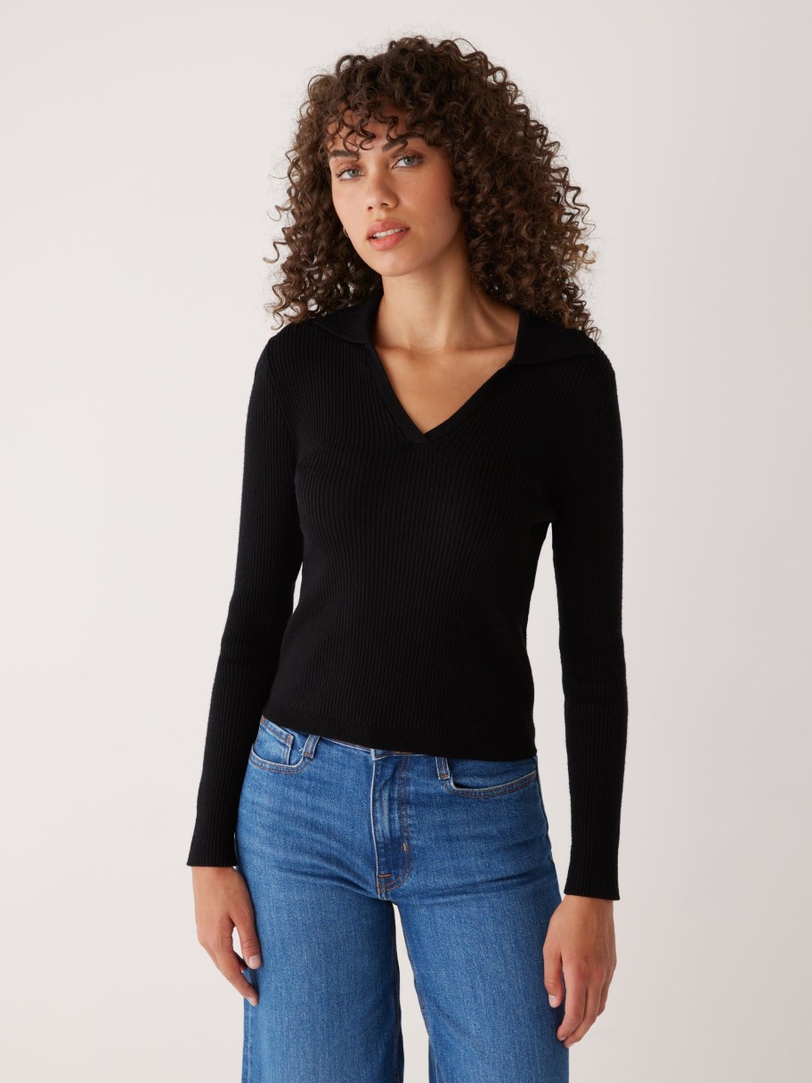 Women Frank And Oak Sweaters & Cardigans | The Merino Johnny Collar Sweater In Black