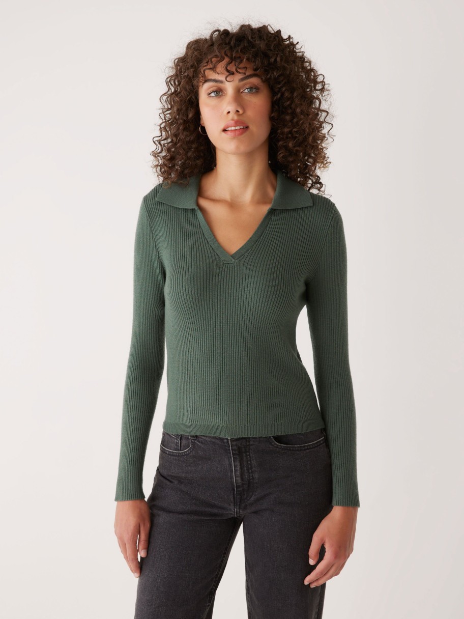 Women Frank And Oak Sweaters & Cardigans | The Merino Johnny Collar Sweater In Evergreen