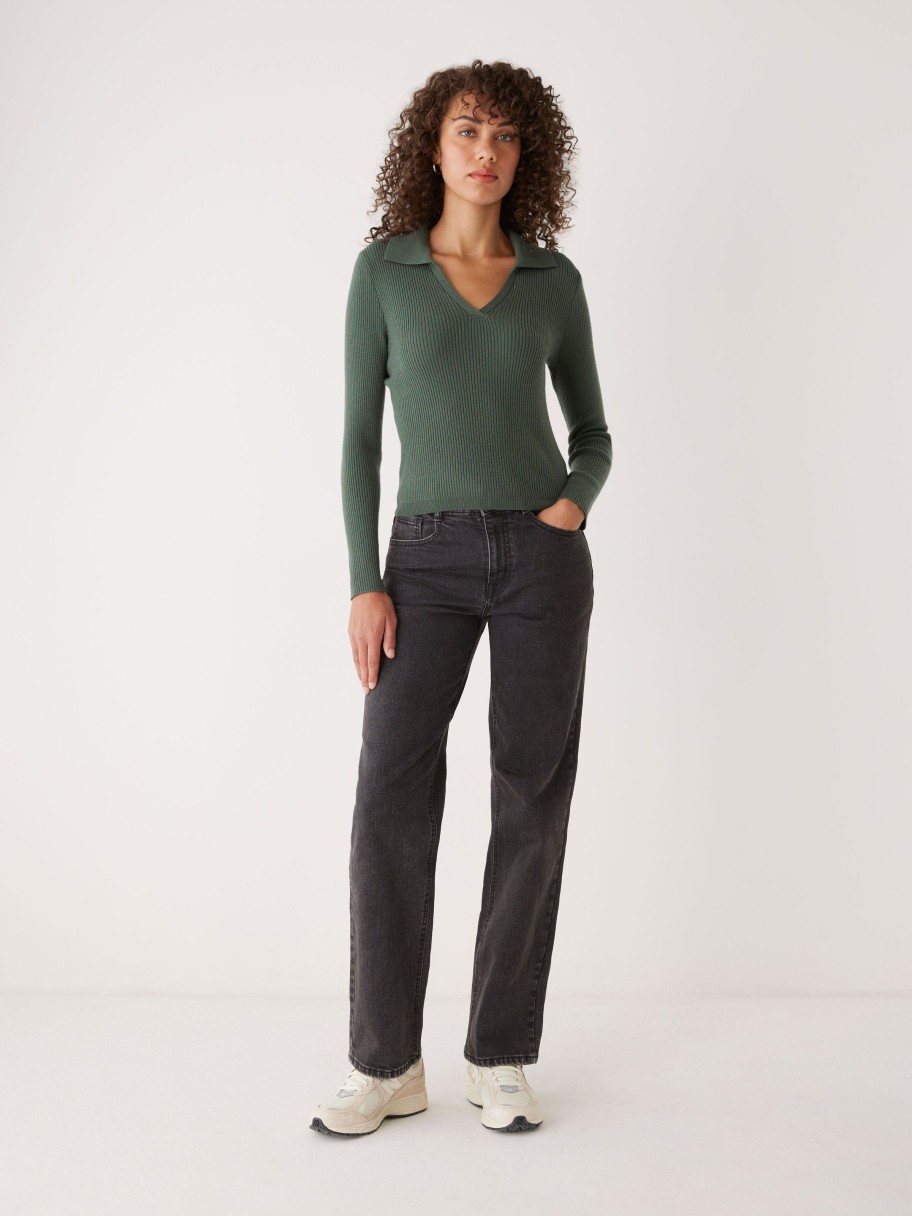 Women Frank And Oak Sweaters & Cardigans | The Merino Johnny Collar Sweater In Evergreen