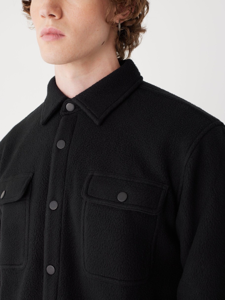 Men Frank And Oak Blazers & Overshirts | The Tundra Polar Fleece Overshirt In Black