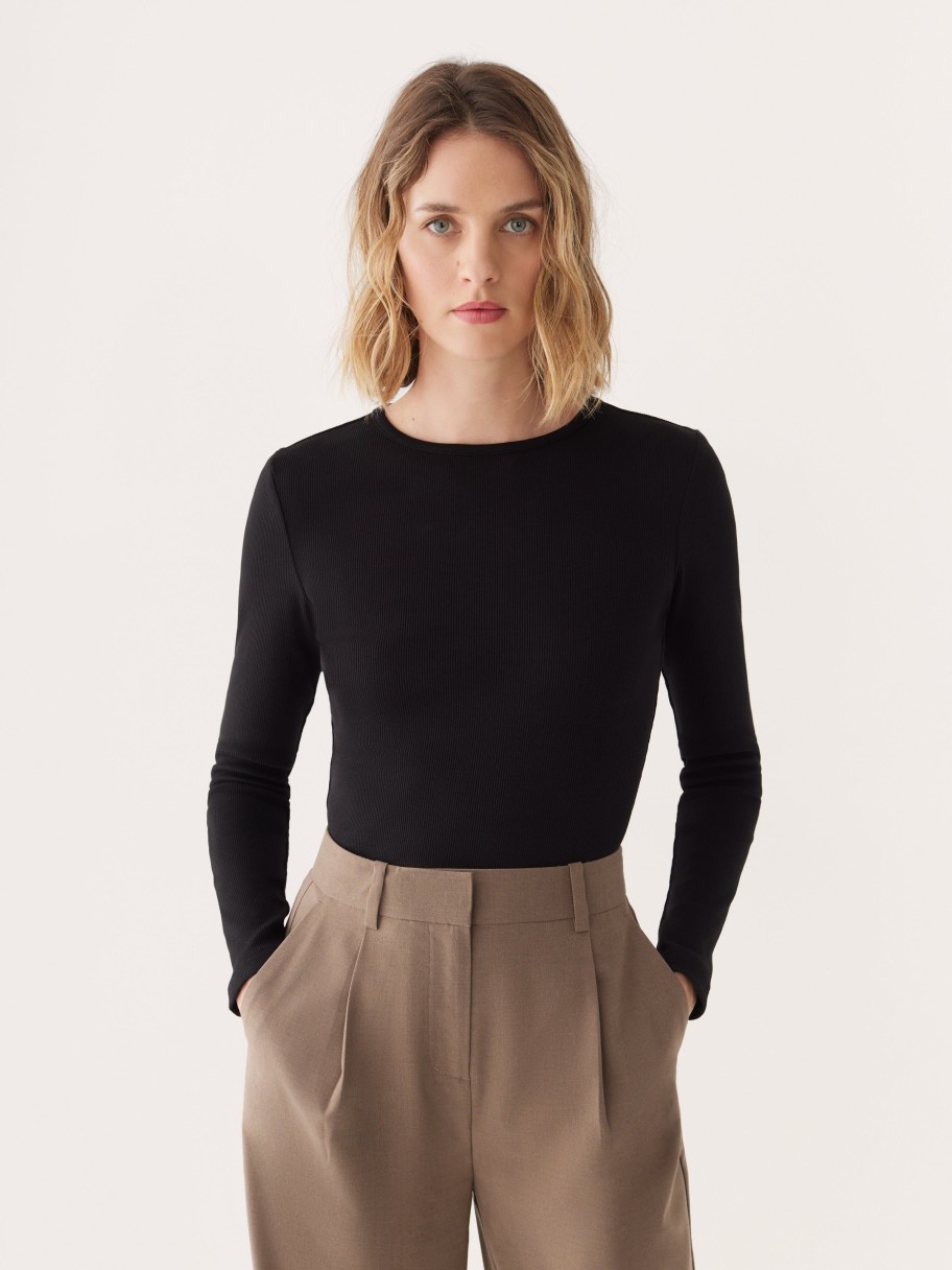 Women Frank And Oak T-Shirts & Tops | The Long Sleeve Ribbed Top In Black