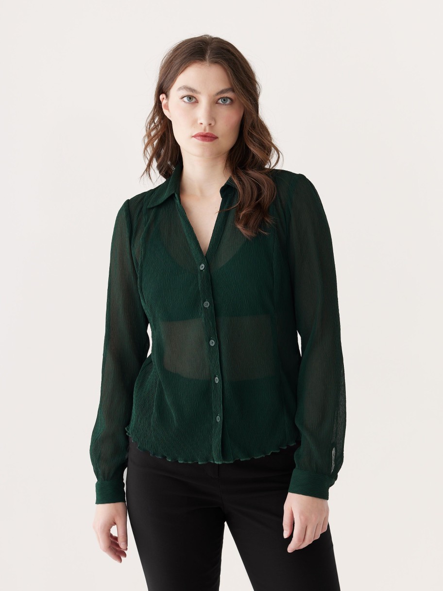 Women Frank And Oak Blouses & Shirts | The Textured Sheer Blouse In Forest Green