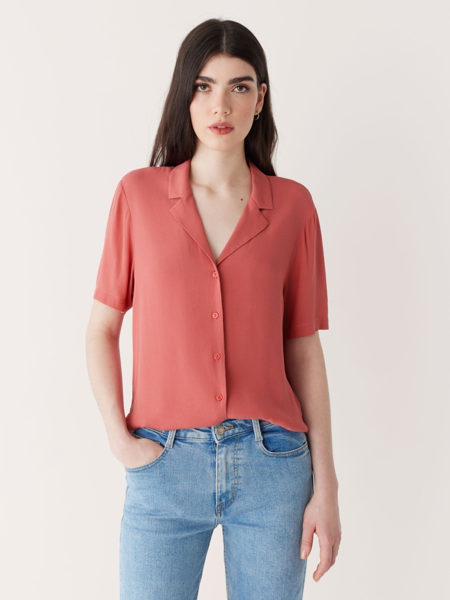 Women Frank And Oak Blouses & Shirts | The Fluid Camp Collar Blouse In Hibiscus Red